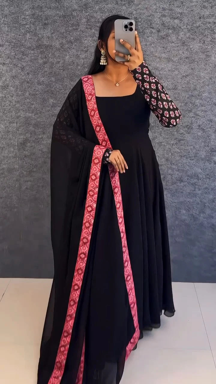 Georgette Anarkali Gown Set with Pants & Dupatta