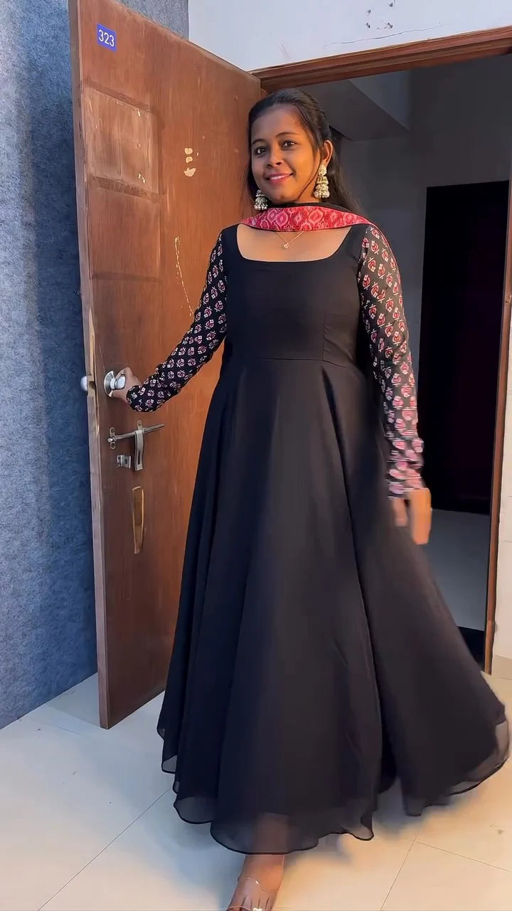 Georgette Anarkali Gown Set with Pants & Dupatta