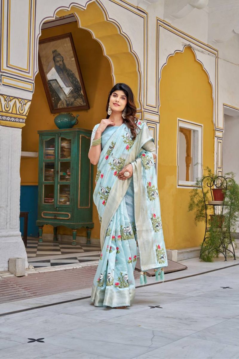 Pink Kota Crystal Saree Embroidery Thread Work & Jacquard Border