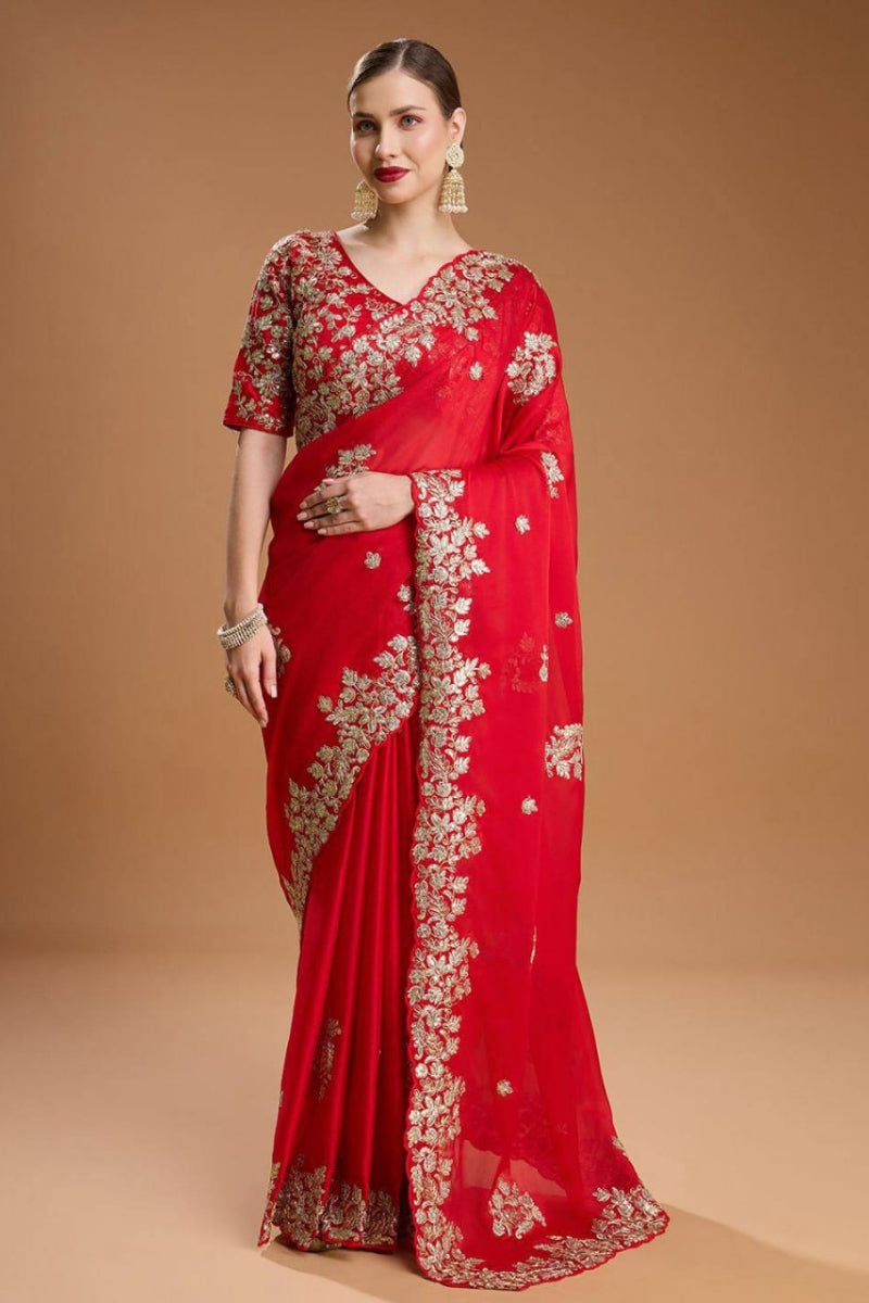 Sequins, Jari Dori & Thread Work  Cutwork Border  Wedding & Party Wear Comes with Unstitched Blouse