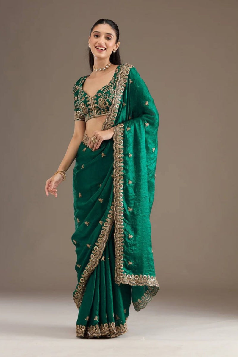 Heavy Satin Silk Bridal Saree  Fancy Dori, Zari & Sequins Work Wedding & Party Wear Saree with Unstitched Blouse