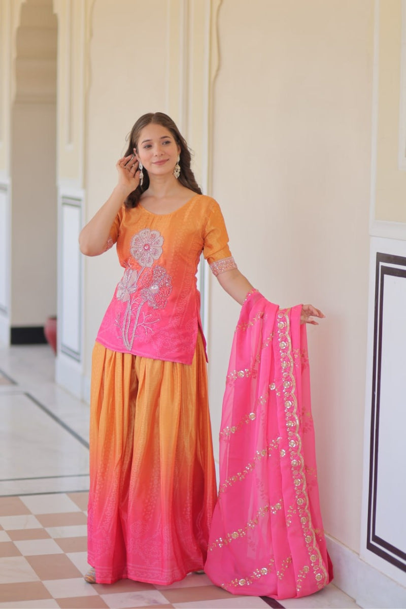 Mehandi Green Chinnon Sharara Kurta Set with Embroidery Dupatta