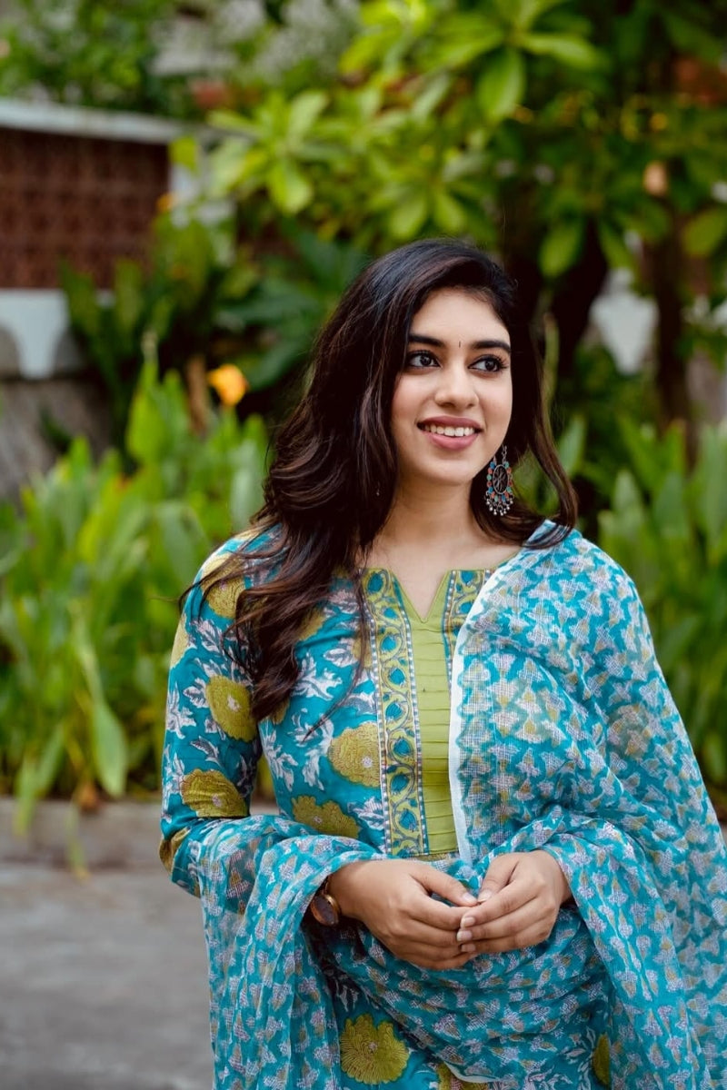 Elegant Blue Floral Cotton Kurta Pant Dupatta Set for Women