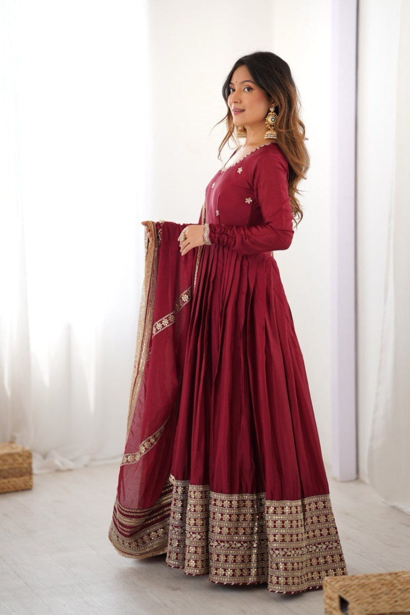 Chinon Silk Embroidered Gown with Pant & Dupatta Thread & Sequins Work  Fully Stitched Party & Festive Wear Set for Women