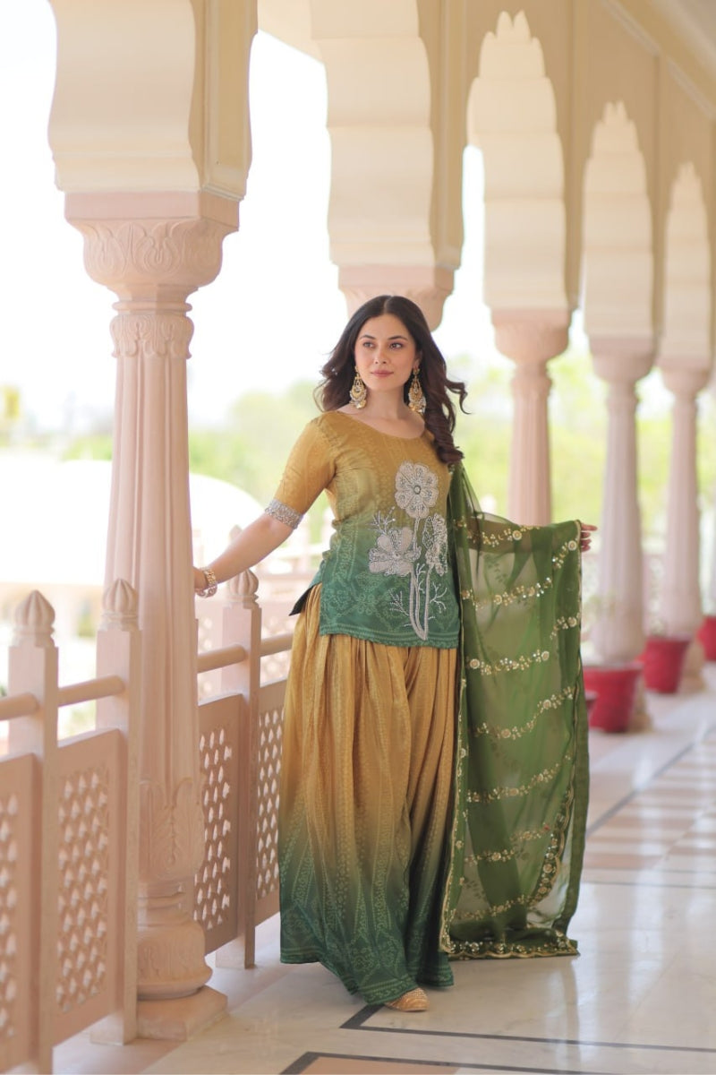 Mehandi Green Chinnon Sharara Kurta Set with Embroidery Dupatta