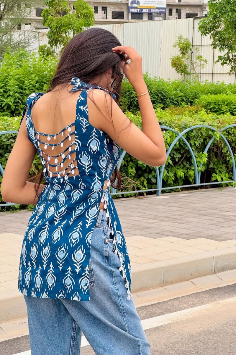 Trendy Blue Printed Cotton Short Kurti for Women