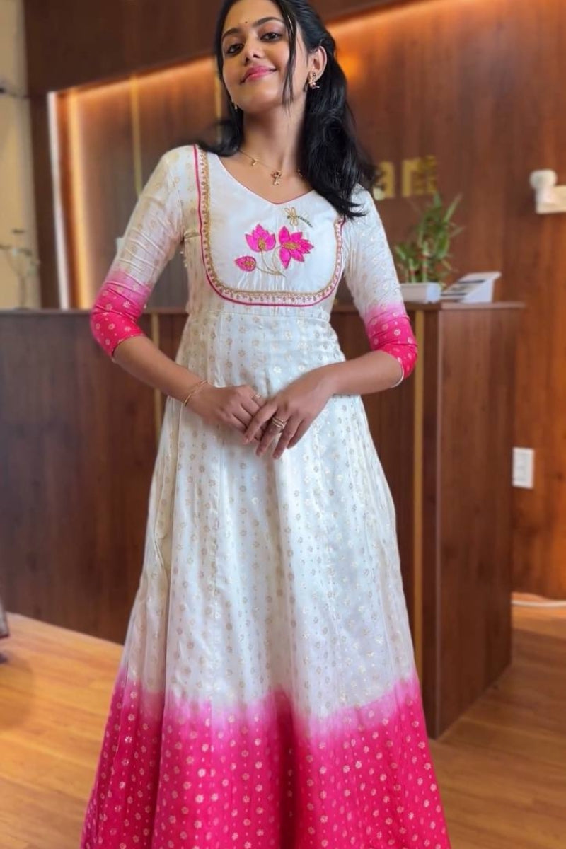 Pure Jacquard Silk Gown for Women  Handwork Detailing  3 Meter Flair  Fully Stitched Party Wear Long Gown