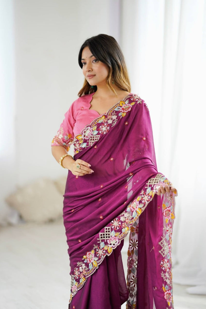 Noha Crush Embroidered Saree with Sequins Work & Mono Silk Blouse  Heavy Thread Embroidery & Fancy Cutwork  Party & Wedding Wear Saree