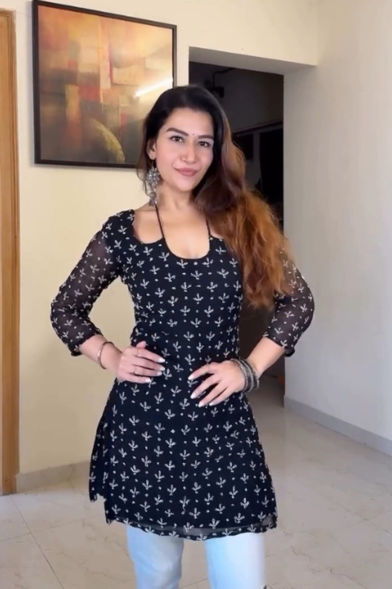 Elegant Black Printed Georgette Short Kurti for Women