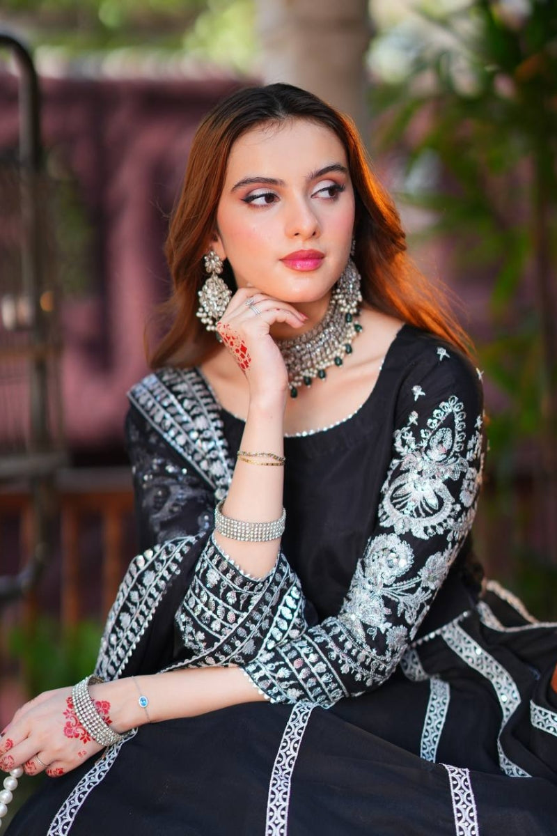 Faux Georgette Handwork Top with Real Diamond Detailing  4.5 Meter Flair Pant & Dupatta Set  Premium Party & Festive Wear for Women