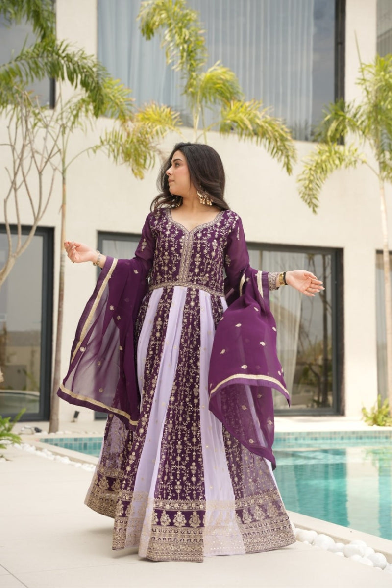 Purple Sequin Embroidered Faux Blooming Gown with Dupatta