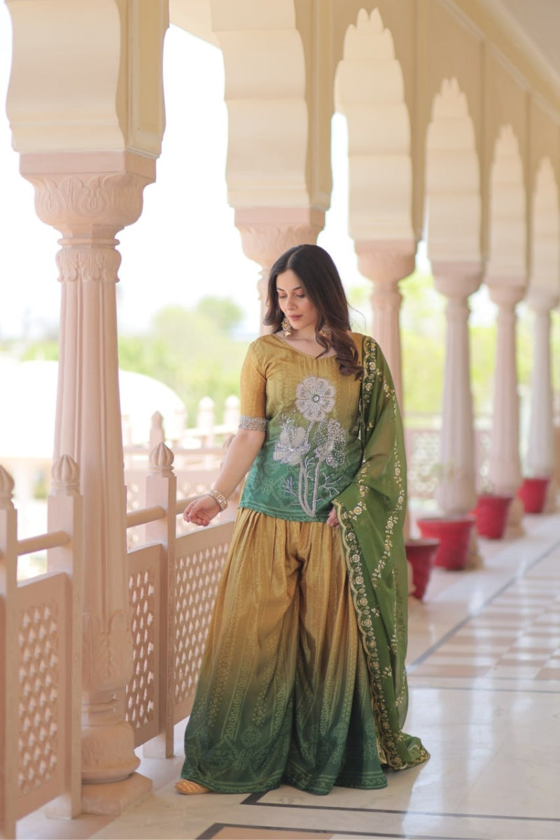 Mehandi Green Chinnon Sharara Kurta Set with Embroidery Dupatta