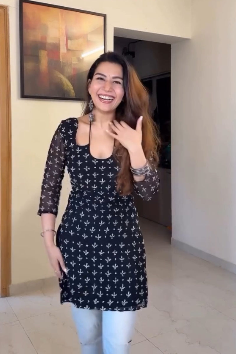 Elegant Black Printed Georgette Short Kurti for Women