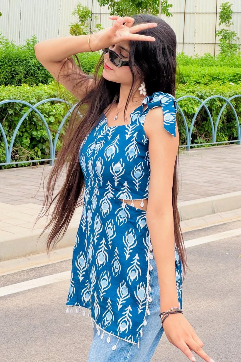 Trendy Blue Printed Cotton Short Kurti for Women