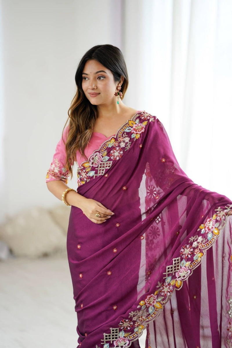 Noha Crush Embroidered Saree with Sequins Work & Mono Silk Blouse  Heavy Thread Embroidery & Fancy Cutwork  Party & Wedding Wear Saree