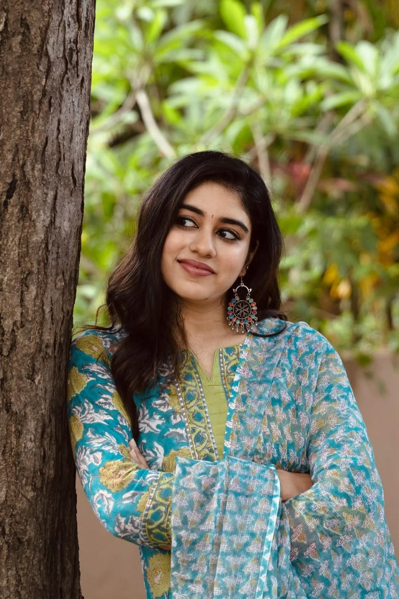 Elegant Blue Floral Cotton Kurta Pant Dupatta Set for Women