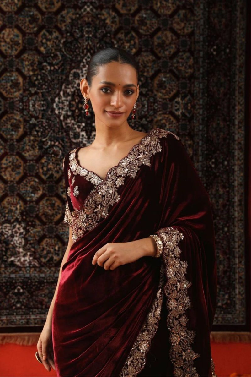 Heavy Sequins & Jari Thread Embroidery  Cutwork Border Unstitched Velvet Blouse Party & Wedding Wear Saree