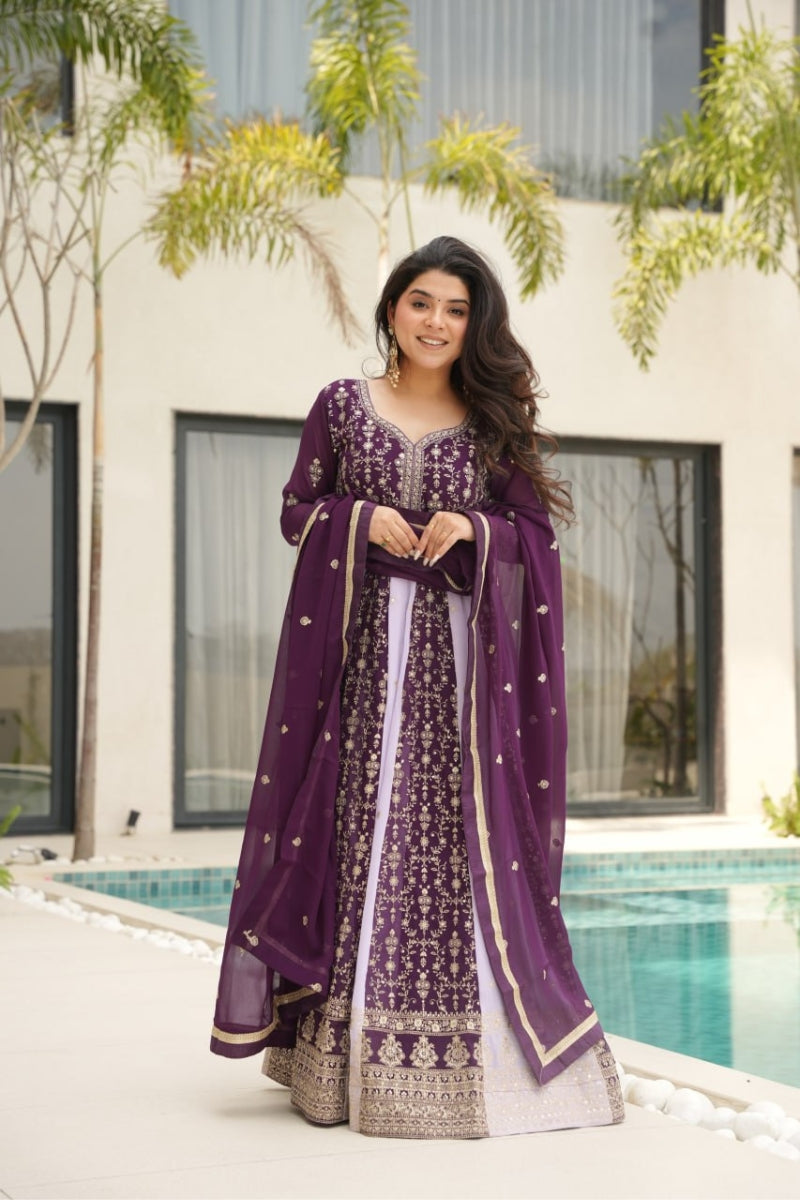 Purple Sequin Embroidered Faux Blooming Gown with Dupatta