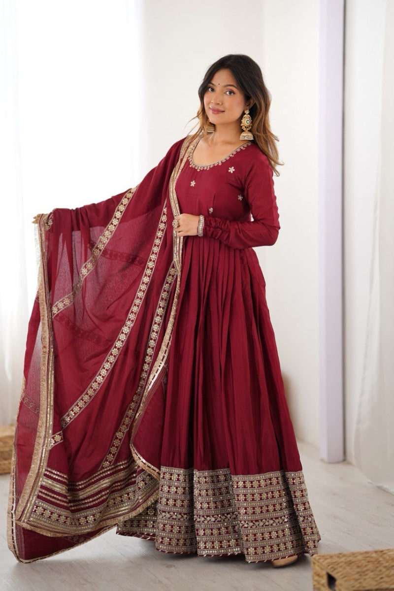 Chinon Silk Embroidered Gown with Pant & Dupatta Thread & Sequins Work  Fully Stitched Party & Festive Wear Set for Women