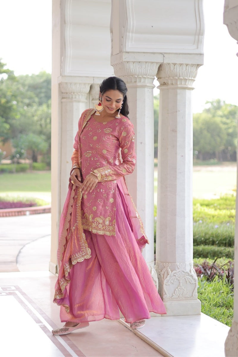 Fendy Fabric Sharara Set with Rich Sequins & Zari Embroidery Fully Stitched Top, Sharara & Cut-Work Dupatta  Festive & Party Wear Set for Women