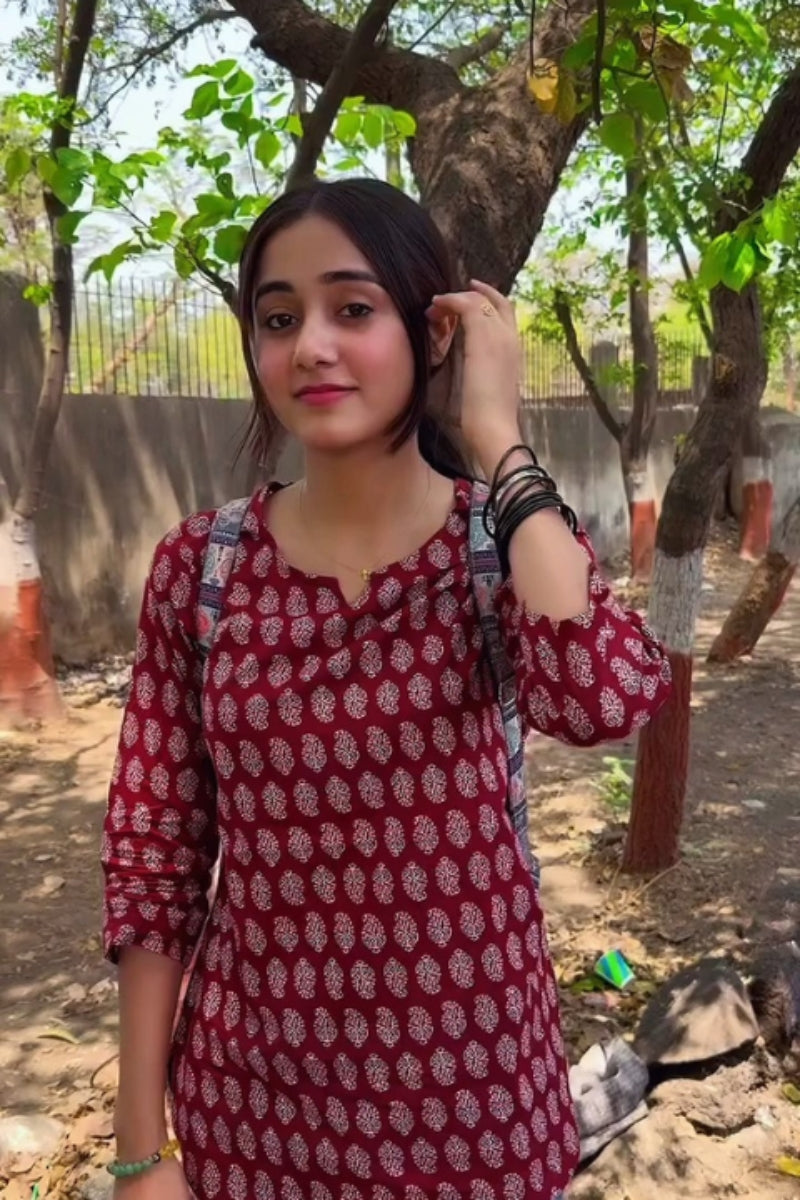 Rayon Cotton Short Kurti with Traditional Maroon Block Print