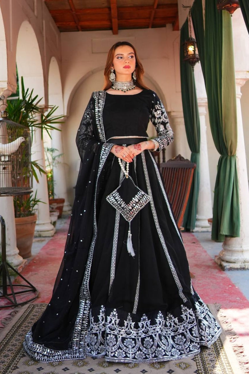 Faux Georgette Handwork Top with Real Diamond Detailing  4.5 Meter Flair Pant & Dupatta Set  Premium Party & Festive Wear for Women