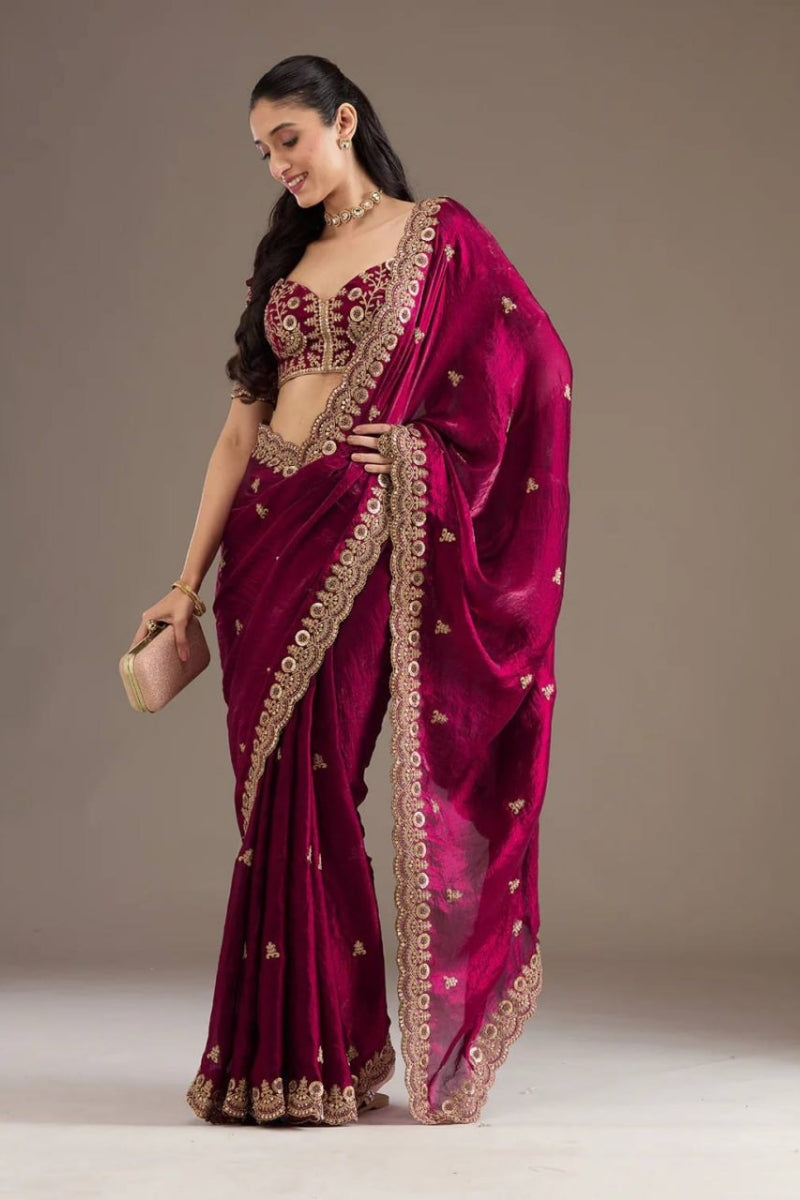 Heavy Satin Silk Bridal Saree  Fancy Dori, Zari & Sequins Work Wedding & Party Wear Saree with Unstitched Blouse