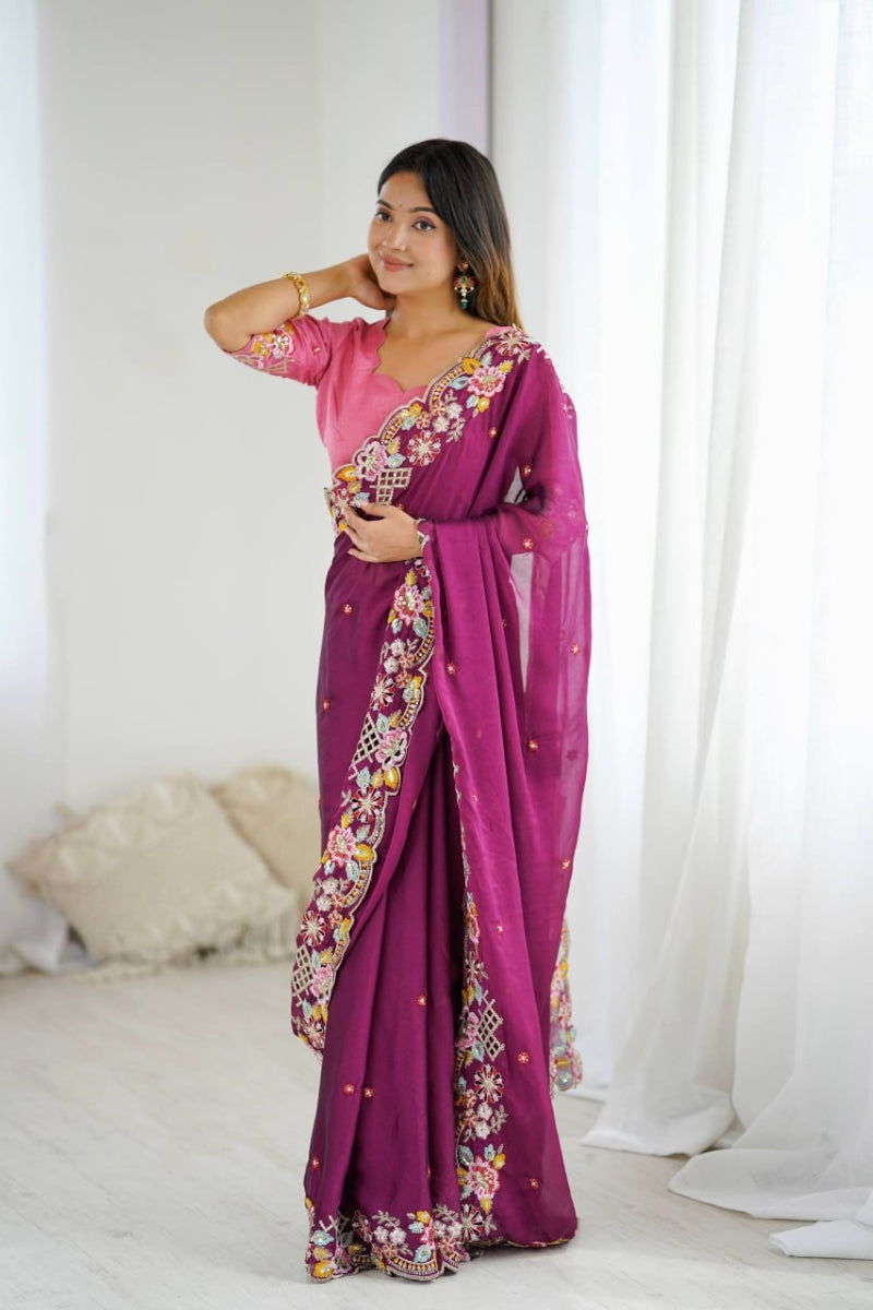 Noha Crush Embroidered Saree with Sequins Work & Mono Silk Blouse  Heavy Thread Embroidery & Fancy Cutwork  Party & Wedding Wear Saree