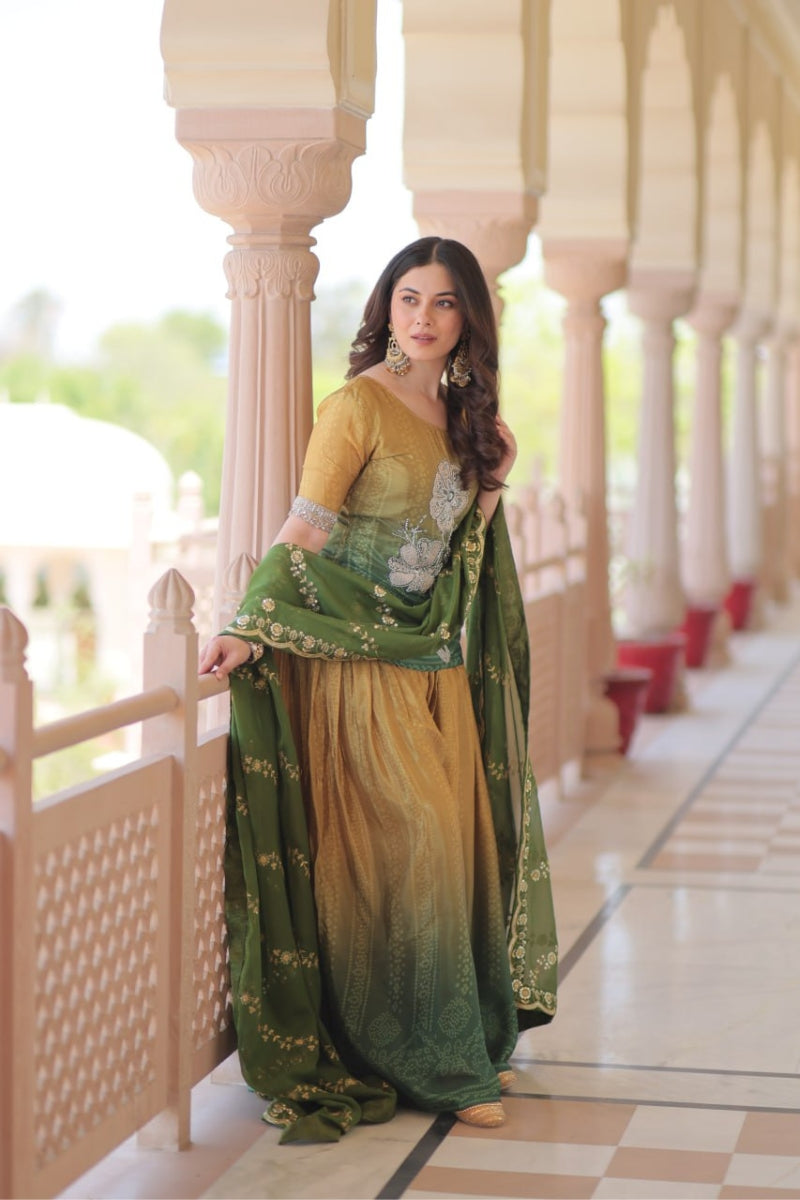 Mehandi Green Chinnon Sharara Kurta Set with Embroidery Dupatta