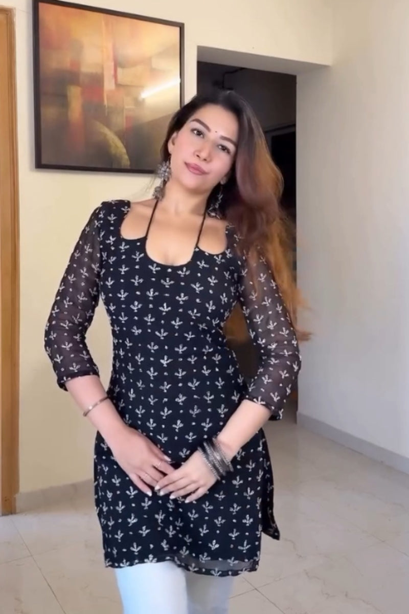 Elegant Black Printed Georgette Short Kurti for Women