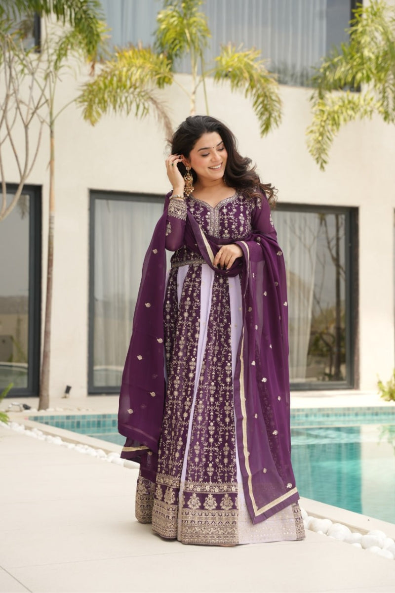 Purple Sequin Embroidered Faux Blooming Gown with Dupatta