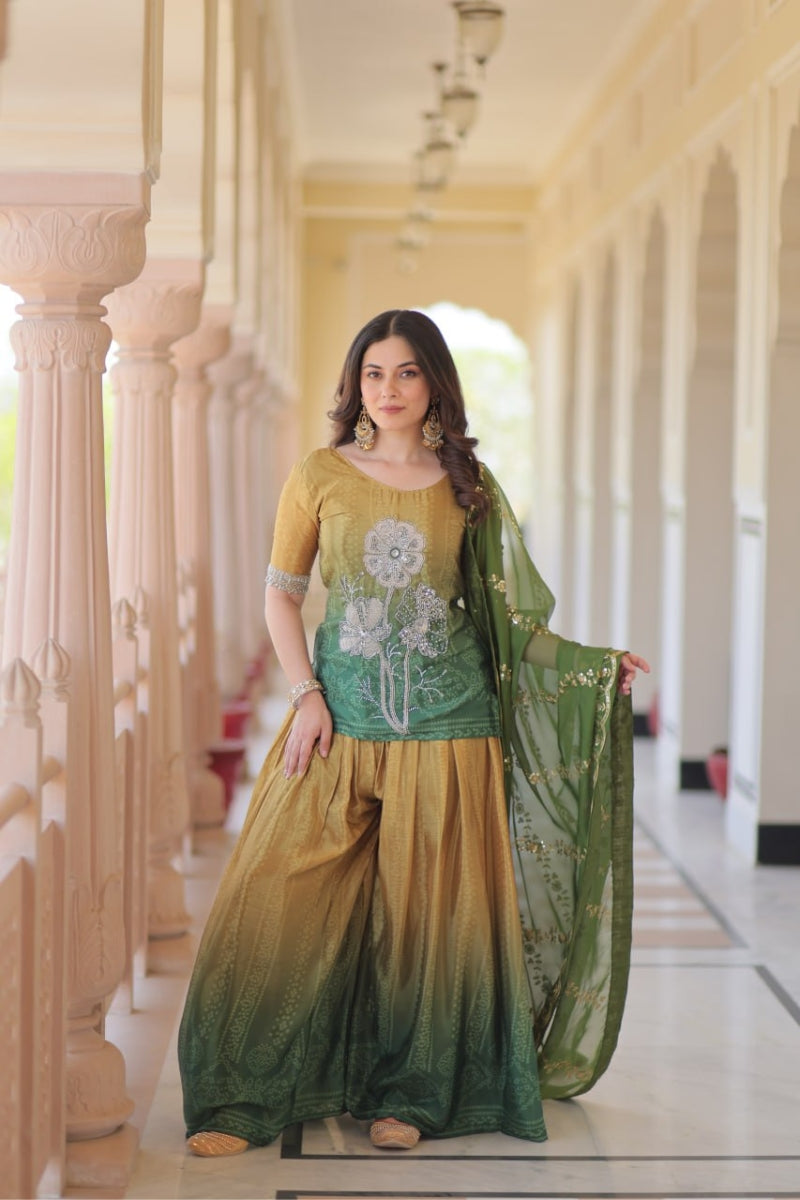Mehandi Green Chinnon Sharara Kurta Set with Embroidery Dupatta