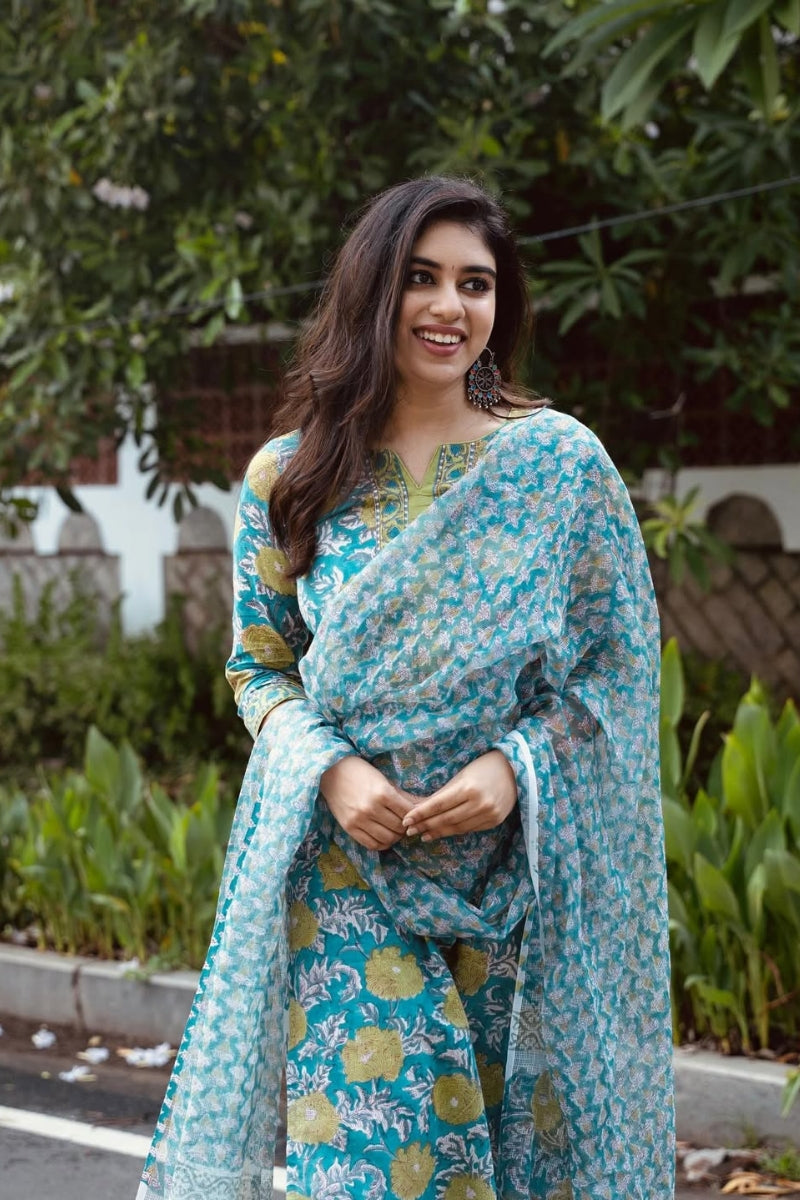 Elegant Blue Floral Cotton Kurta Pant Dupatta Set for Women