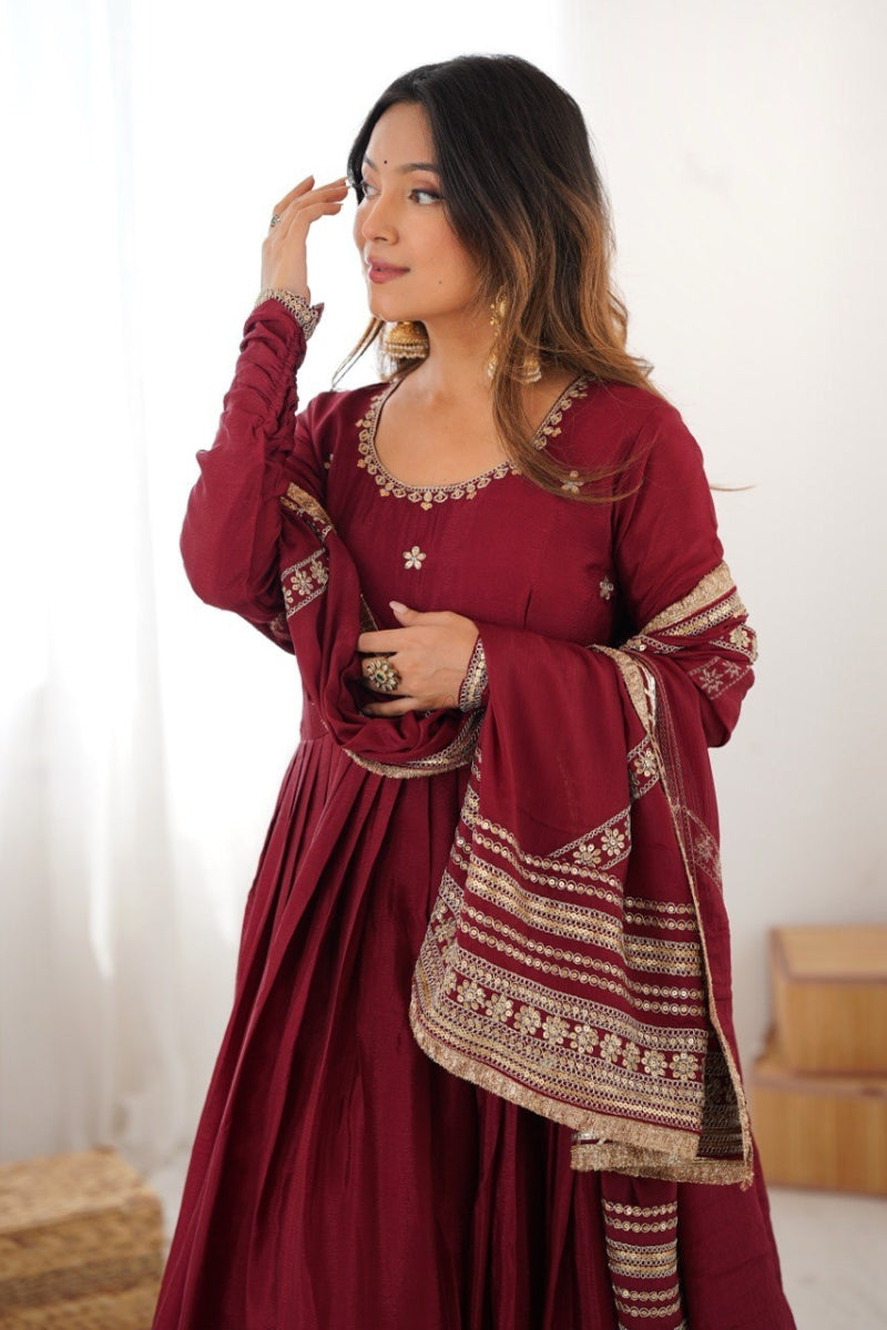 Chinon Silk Embroidered Gown with Pant & Dupatta Thread & Sequins Work  Fully Stitched Party & Festive Wear Set for Women