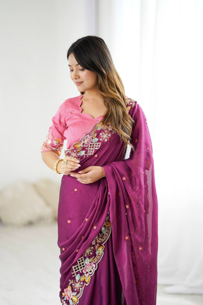 Noha Crush Embroidered Saree with Sequins Work & Mono Silk Blouse  Heavy Thread Embroidery & Fancy Cutwork  Party & Wedding Wear Saree