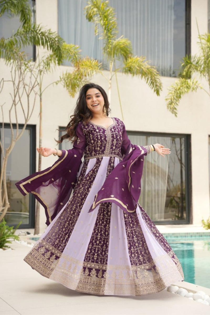 Purple Sequin Embroidered Faux Blooming Gown with Dupatta
