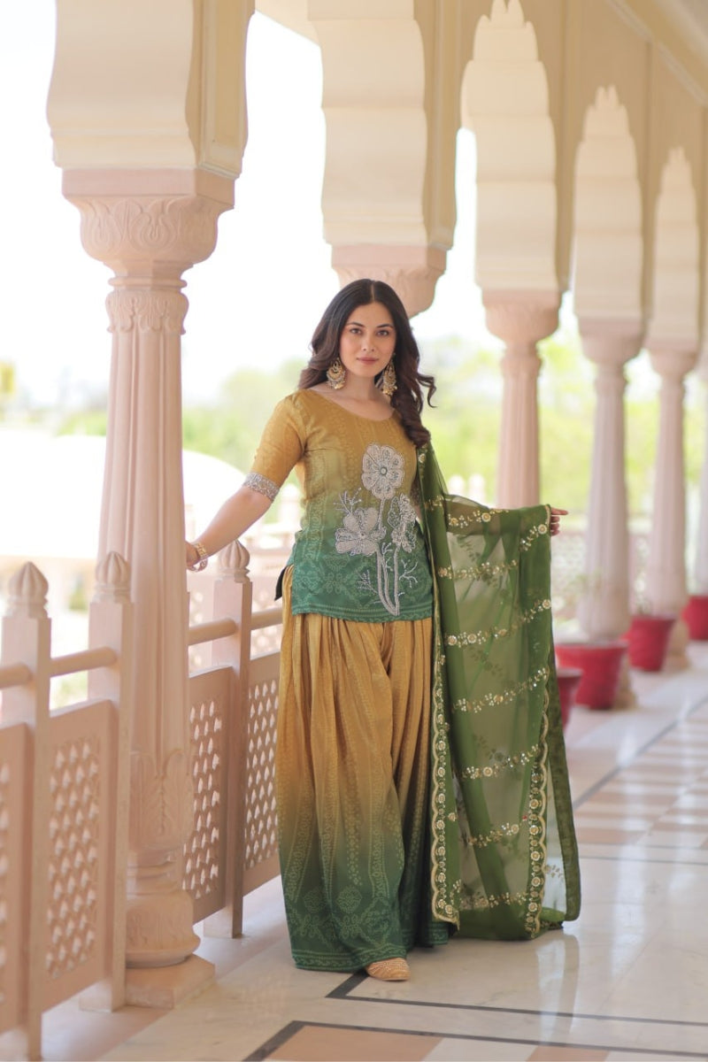Mehandi Green Chinnon Sharara Kurta Set with Embroidery Dupatta