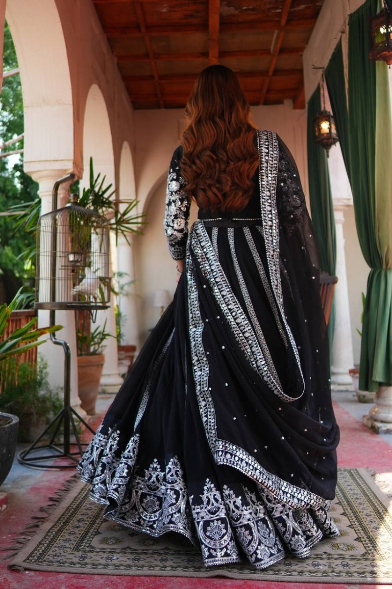 Faux Georgette Handwork Top with Real Diamond Detailing  4.5 Meter Flair Pant & Dupatta Set  Premium Party & Festive Wear for Women