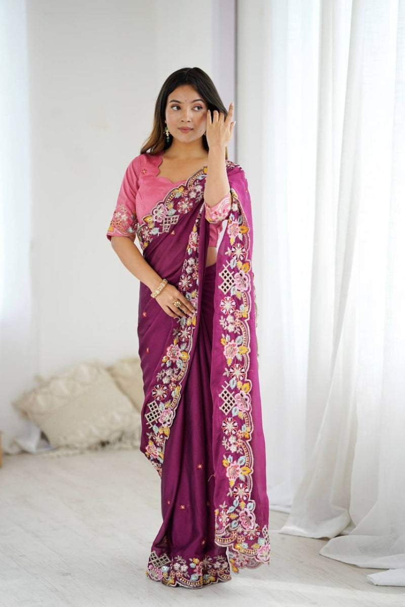 Noha Crush Embroidered Saree with Sequins Work & Mono Silk Blouse  Heavy Thread Embroidery & Fancy Cutwork  Party & Wedding Wear Saree