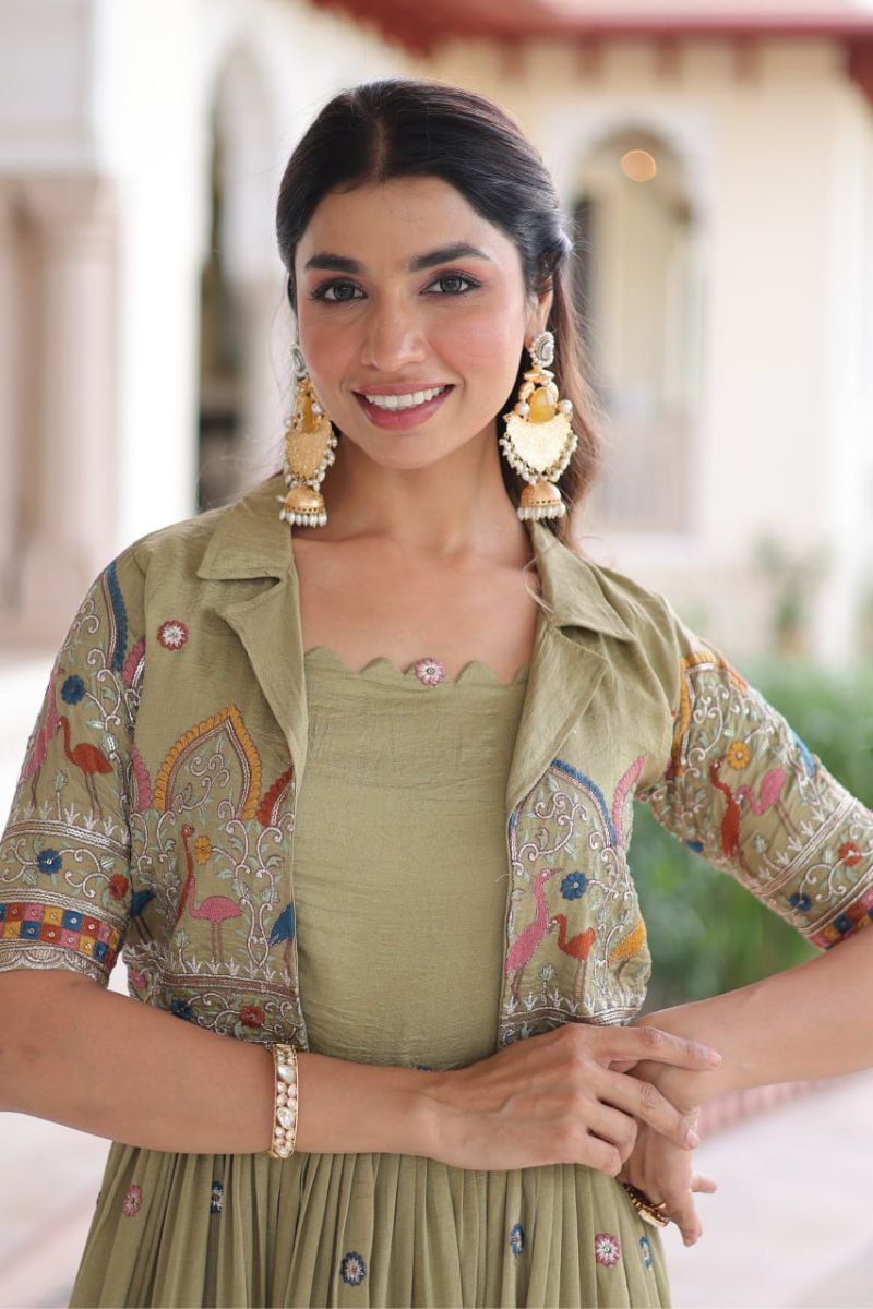 Vichitra Silk Embroidered Gown with Koti for Women  Sequins, Zari & Thread Work  3 Meter Flair  Sleeveless Designer Gown with Short-Sleeve Koti