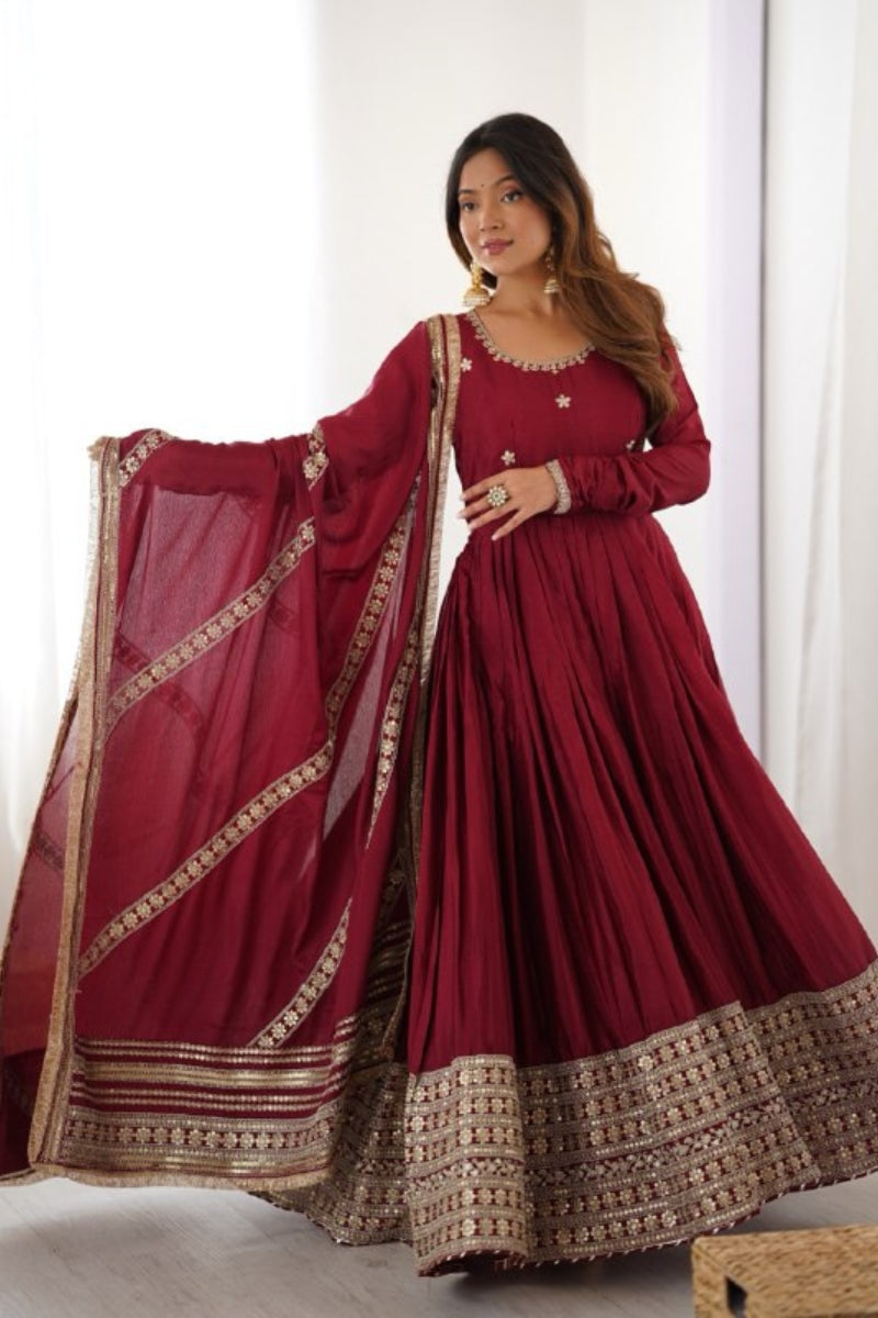 Chinon Silk Embroidered Gown with Pant & Dupatta Thread & Sequins Work  Fully Stitched Party & Festive Wear Set for Women