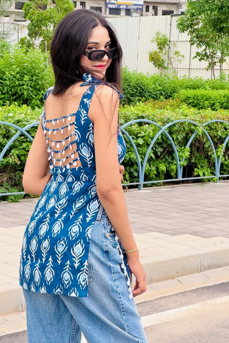 Trendy Blue Printed Cotton Short Kurti for Women