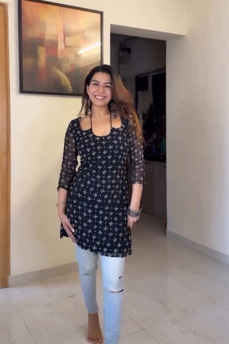 Elegant Black Printed Georgette Short Kurti for Women