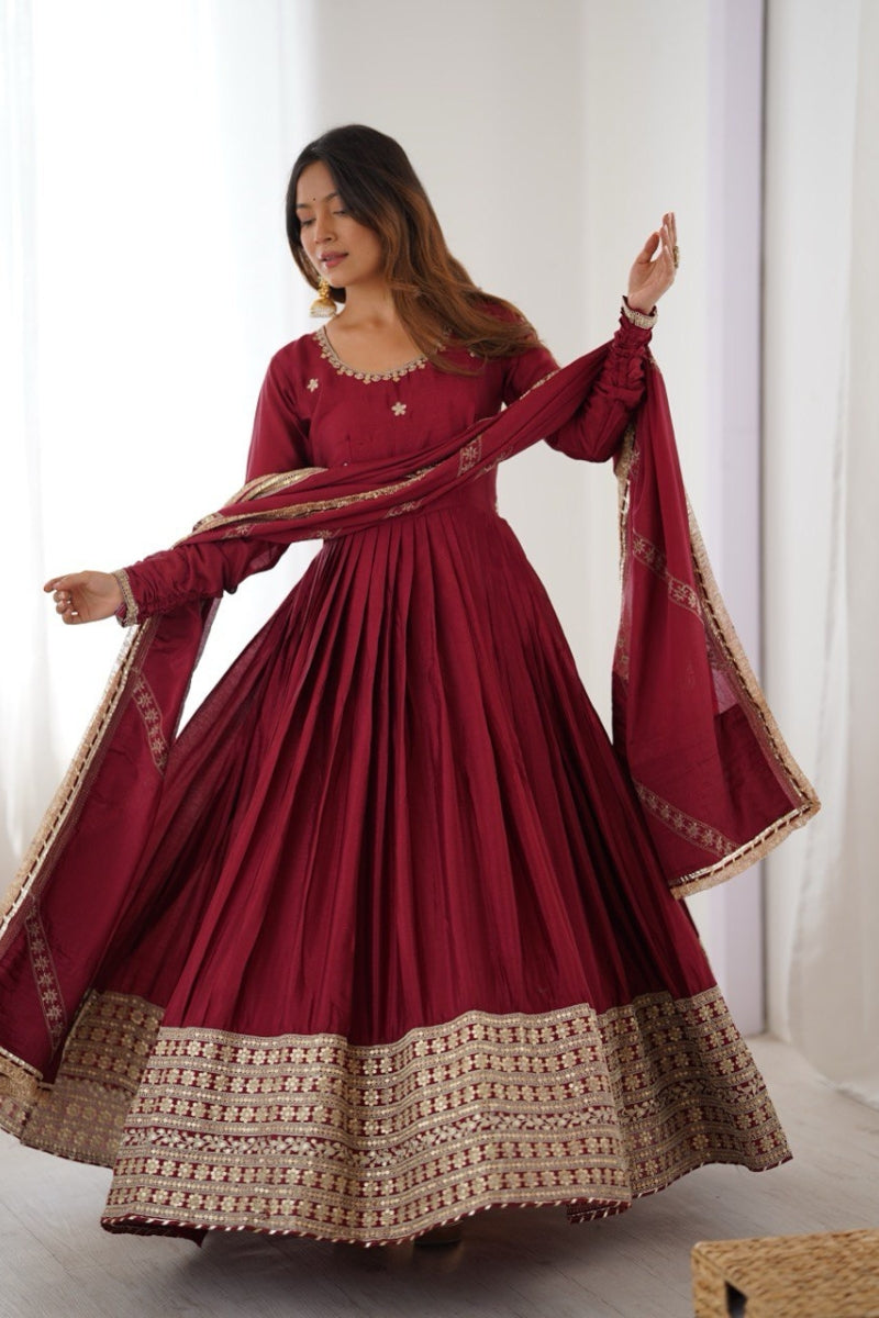 Chinon Silk Embroidered Gown with Pant & Dupatta Thread & Sequins Work  Fully Stitched Party & Festive Wear Set for Women