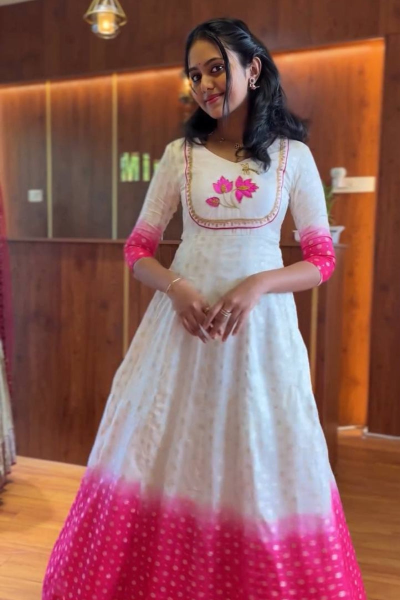 Pure Jacquard Silk Gown for Women  Handwork Detailing  3 Meter Flair  Fully Stitched Party Wear Long Gown