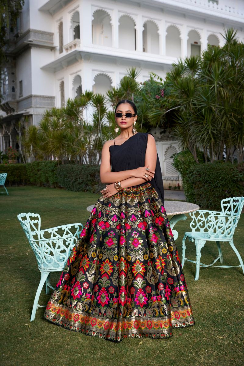 Black Zari Woven Banarasi Silk Lehenga with Elegant Plain Georgette Blouse