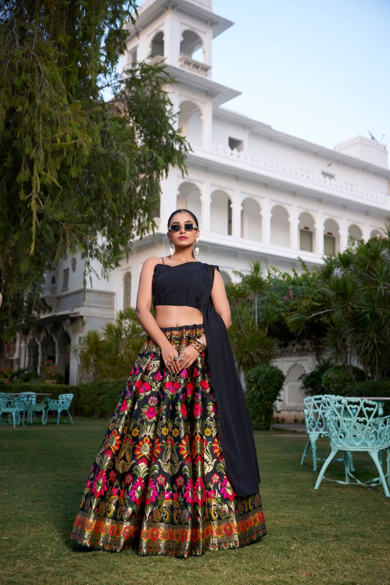 Black Zari Woven Banarasi Silk Lehenga with Elegant Plain Georgette Blouse