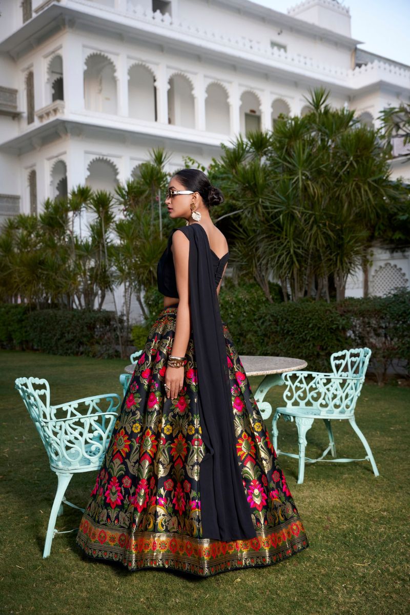 Black Zari Woven Banarasi Silk Lehenga with Elegant Plain Georgette Blouse