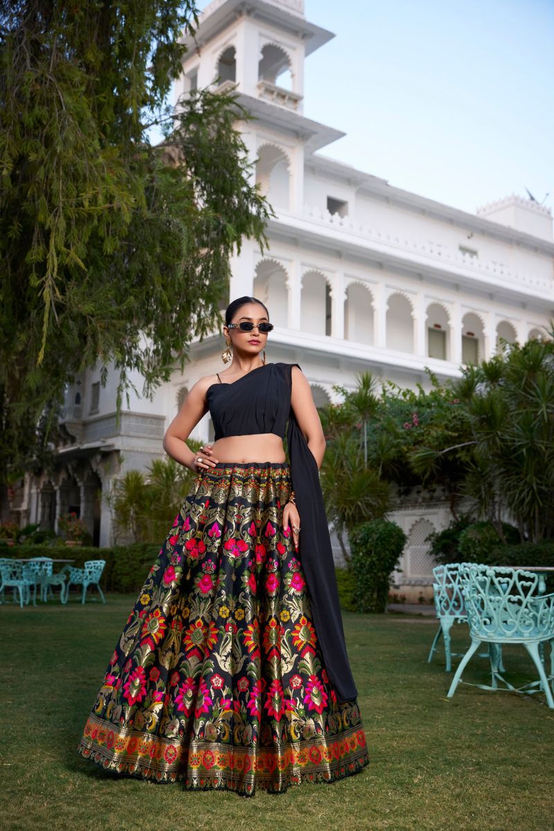 Black Zari Woven Banarasi Silk Lehenga with Elegant Plain Georgette Blouse