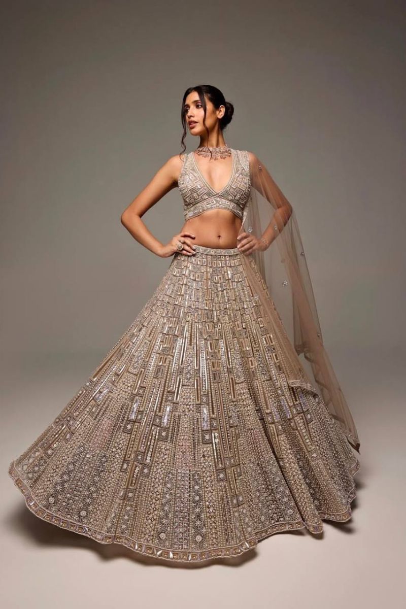 Beige Designer Net Lehenga Set with All-Over Sequins & Embroidery